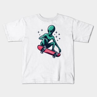 Skate into the Unknown: Whimsical Alien Skateboard Art Prints for an Otherworldly Ride! Kids T-Shirt